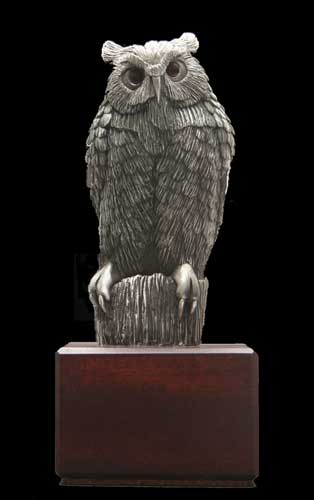 A frontal view of the Limited Edition Pewter Owl by Clarence P. Cameron of Madison, Wisconsin