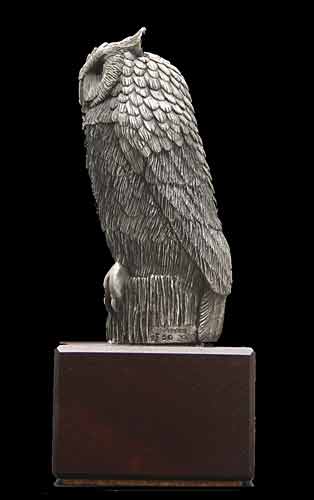 A side view of the Limited Edition Pewter Owl by Clarence Cameron of Madison, Wisconsin