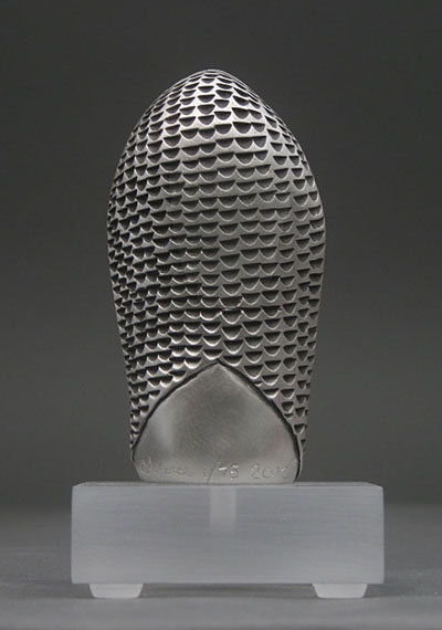 The back side of Venerable, a Limited Edition Pewter Owl by Clarence Cameron of Madison, Wisconsin