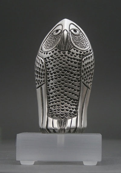 A frontal view of Venerable, a Limited Edition Pewter Owl by Clarence P. Cameron of Madison, Wisconsin