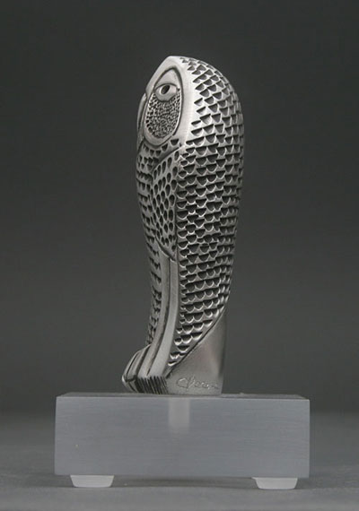 A side view of Venerable, a Limited Edition Pewter Owl by Clarence Cameron of Madison, Wisconsin