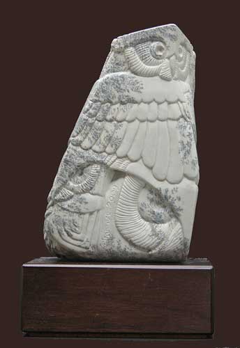 Another view of A Wisdom of Owls, a dendritic soapstone sculpture by Clarence P. Cameron of Madison, Wisconsin