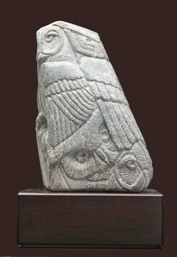 Another view of A Wisdom of Owls, a dendritic soapstone sculpture by Clarence P. Cameron of Madison, Wisconsin